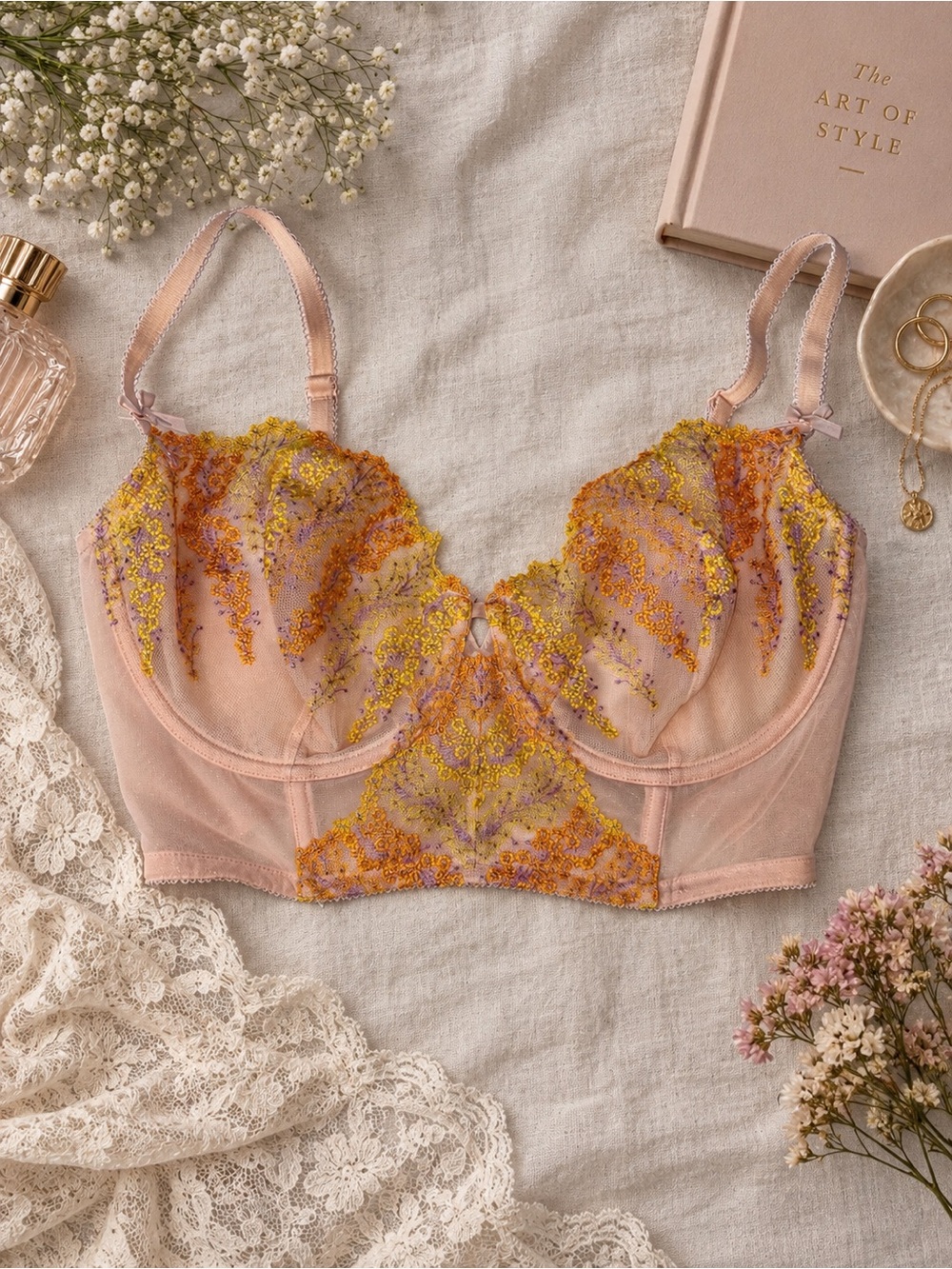 Victoria’s Secret Embroidered Longline Bra 36DD Blush Pink Floral Unlined